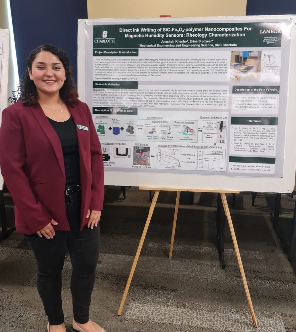 2024: Anasheh presented her work on DIW of SiC-polymer composite in 2024 Annual Meeting of the Carolinas Section of the American Ceramic Society (ACerS)