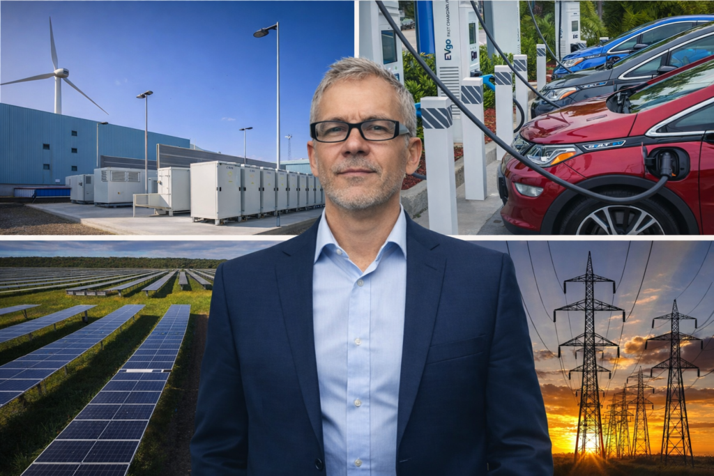 Energy systems expert standing before a collage of renewable energy technologies, including battery storage, EV charging, solar panels, and power transmission lines.