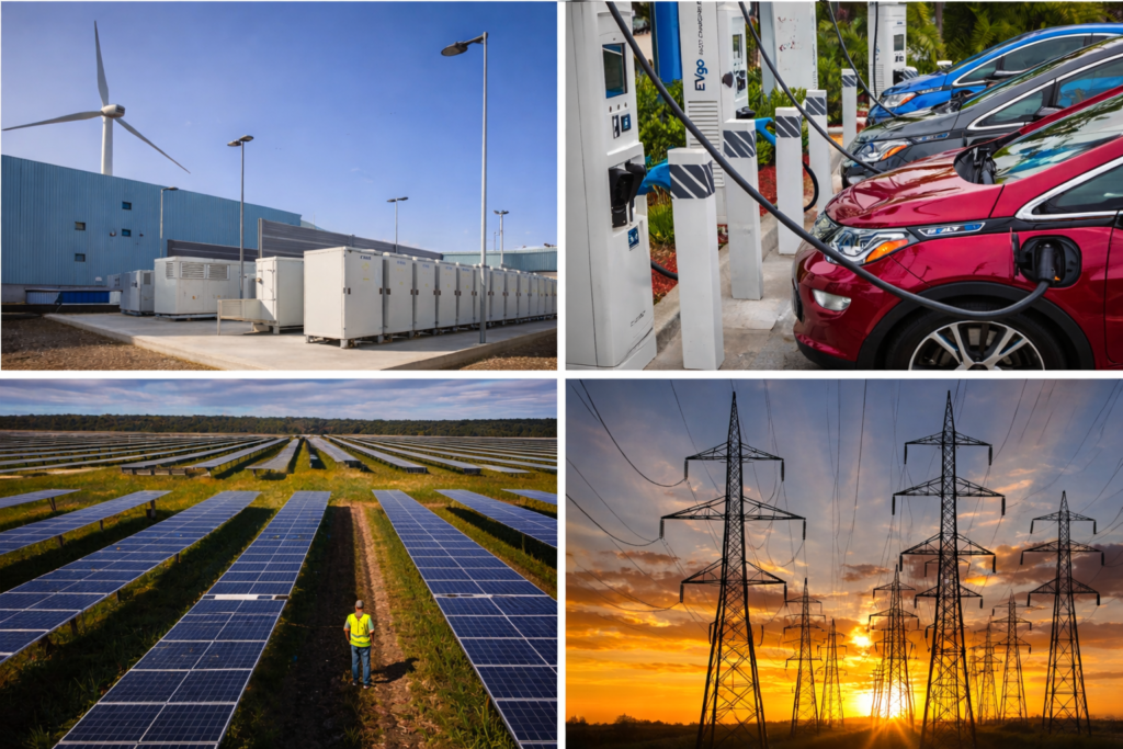 Collage of modern energy infrastructure including battery storage, electric vehicle charging, solar farms, and high-voltage transmission lines.