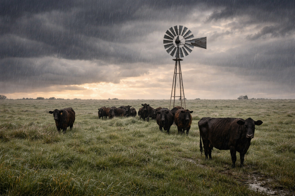 Cattle standing in a rainy pasture beneath a farm windmill, representing rural Midwest farm life and hands-on agricultural work.